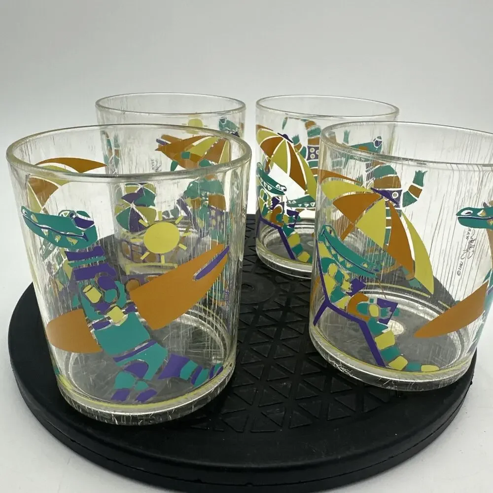 Vintage Set of 4 Retro 1990s Crocodile Splash Tumblers Plastic Cups
